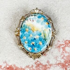 Vintage Hand Painted Abstract Blue Brooch Gold Tone Frame Monet Lilies Inspired